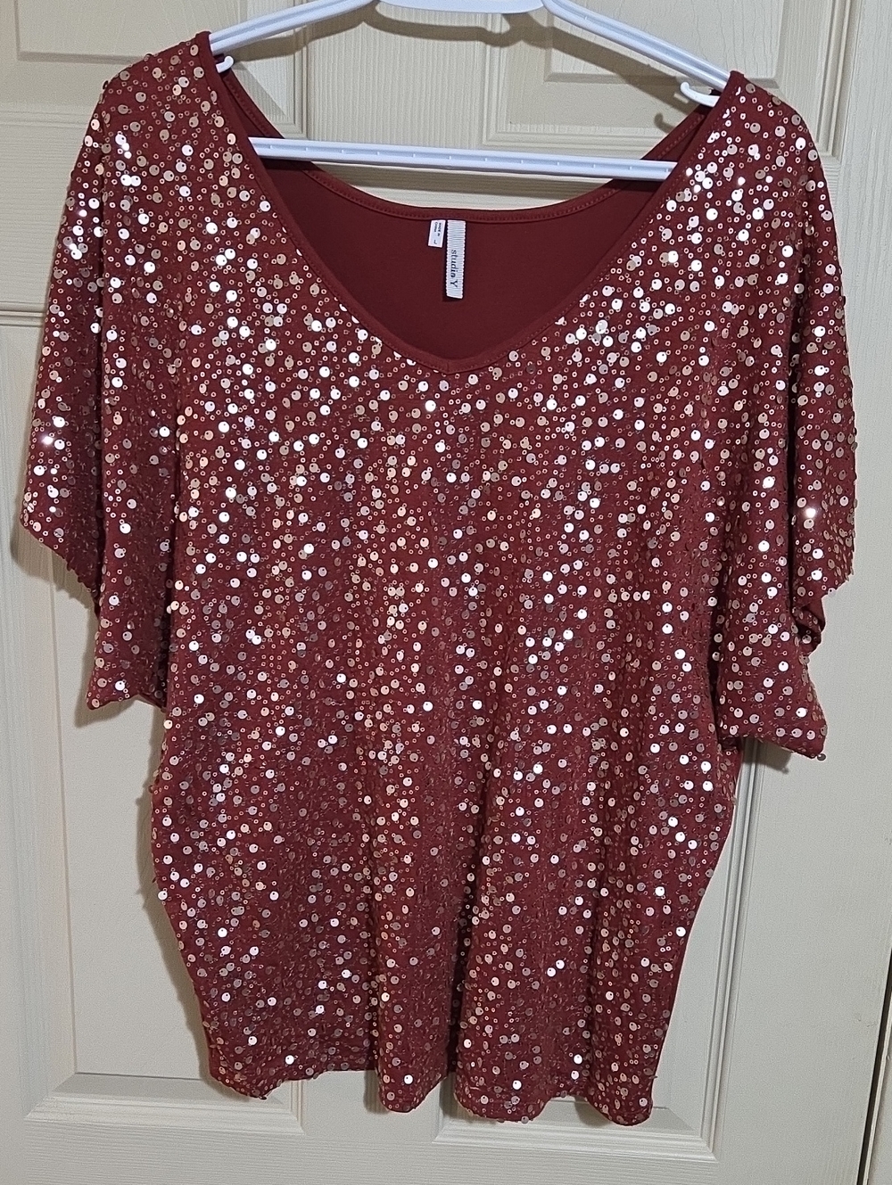 Studio Y Sequin V-Neck Short Sleeve Top